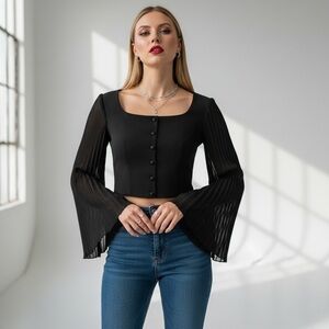 Vintage 90s Vivienne Tam Black Pleated Sleeve Button Down Chiffon Crop Top